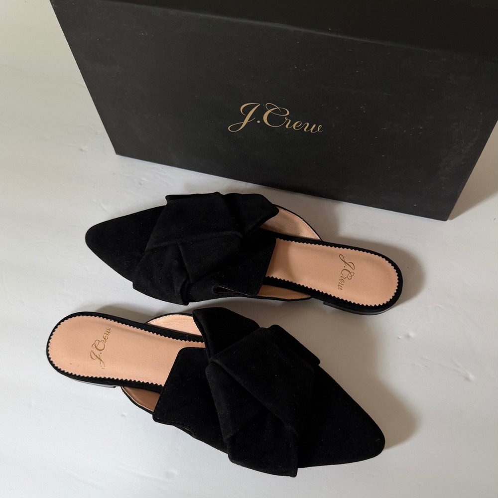 J.Crew Black Suede Pointed Toe Knotted Bow Mules Flats Size 5.5 H2647